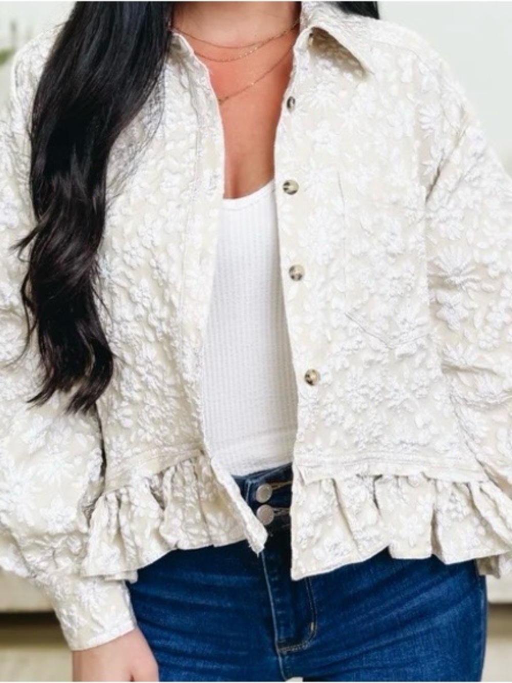 BiBi Cream Embroidered Ruffle Hem Jacket
